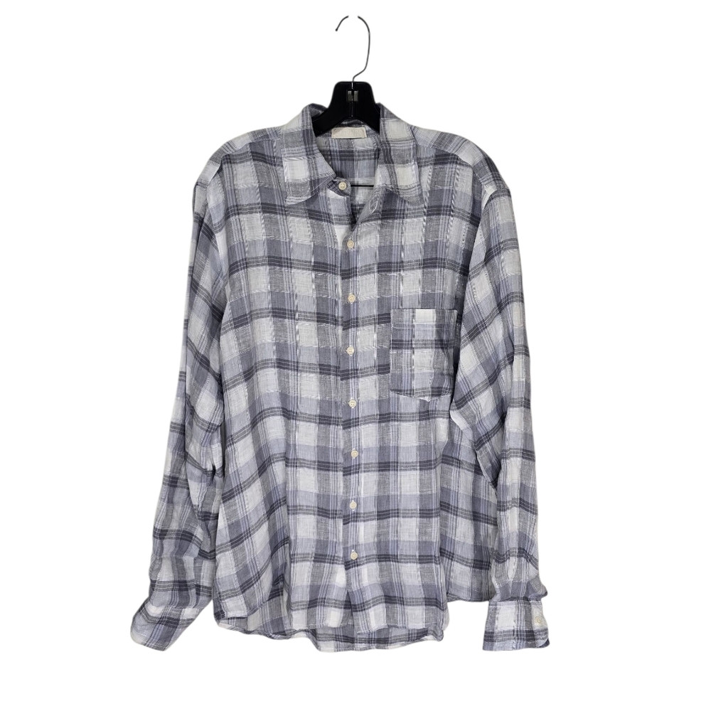 CP Shades Shirt Womens Medium Gray White Plaid‎ 100% Linen Boyfriend Button Up